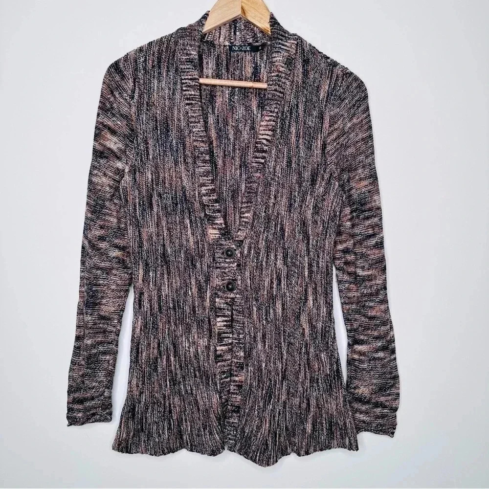 NIC+ZOE Brown Marled Two Button V-Neck Cardigan Sweater Size M